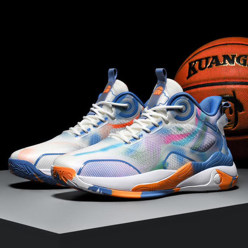 Dames sportieve basketbalsneakers met ademend bovenwerk en dempende zool – Wit-groen en Rookblauw – Geel