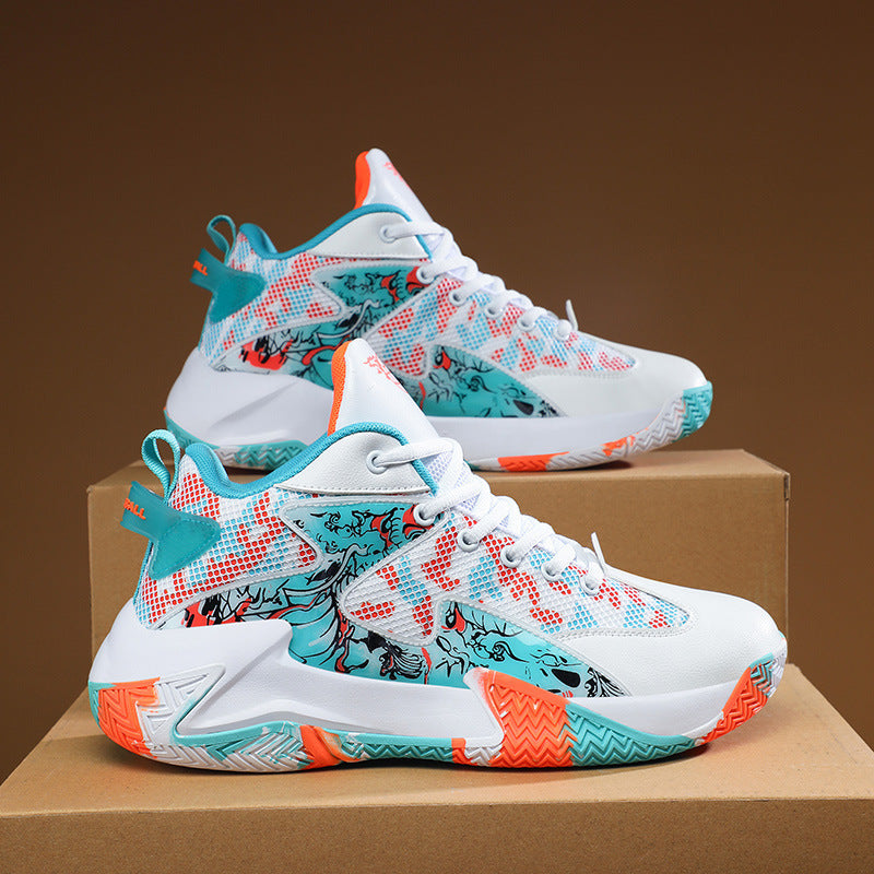 Dames sportieve basketbalsneakers met ademend bovenwerk en dempende zool – Zwart-violet en Wit-oranje – Wit