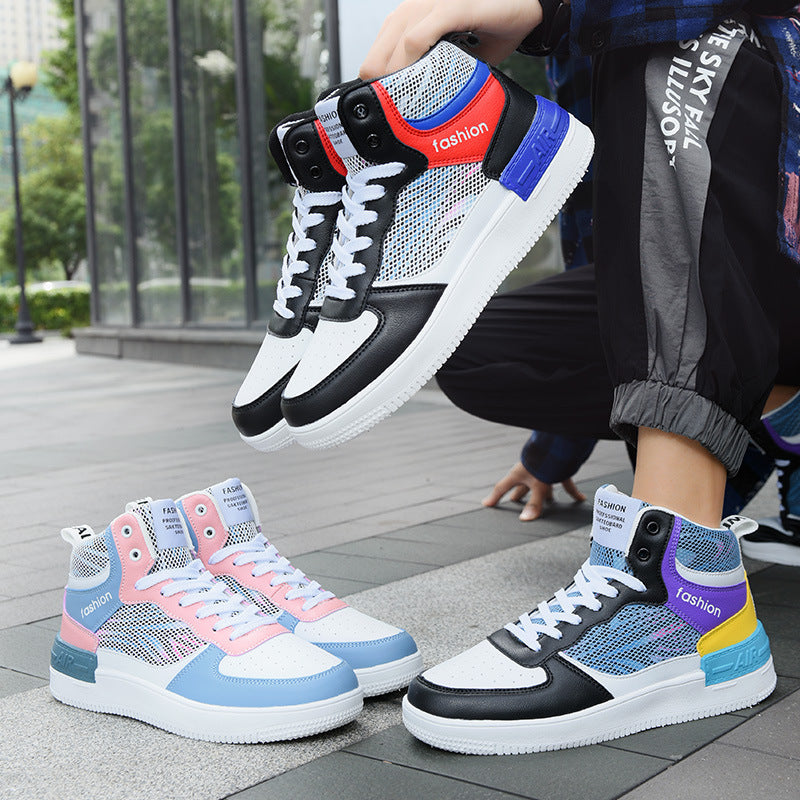 Dames modieuze hoge sneakers met ademend mesh bovenwerk en dempende zool – Zwart-rood