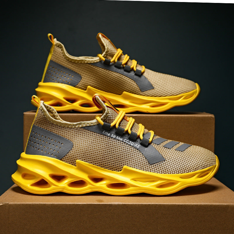 Dames sportieve sneakers met ademend bovenwerk en dempende zool – Wit en Geel – Wit
