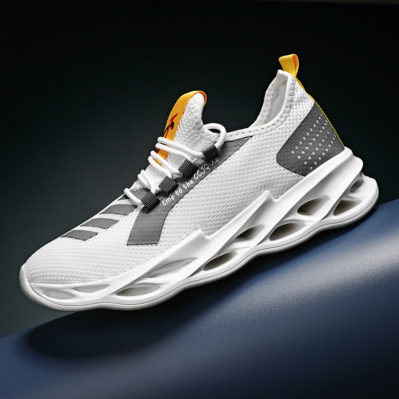 Dames sportieve sneakers met ademend bovenwerk en dempende zool – Wit en Geel – Zwart