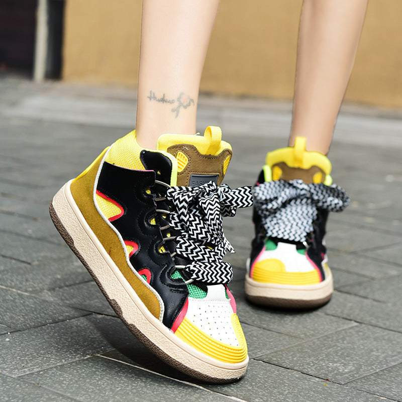 Dames sportieve hoge sneakers met meerkleurige veters – Geel