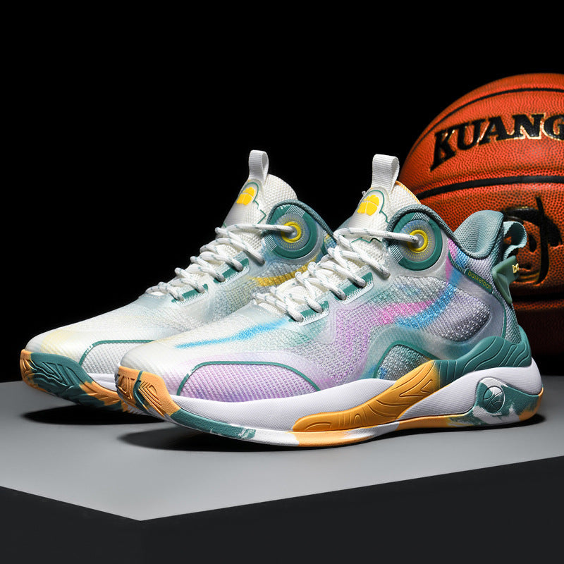 Dames sportieve basketbalsneakers met ademend bovenwerk en dempende zool – Wit-groen en Rookblauw – Rookblauw