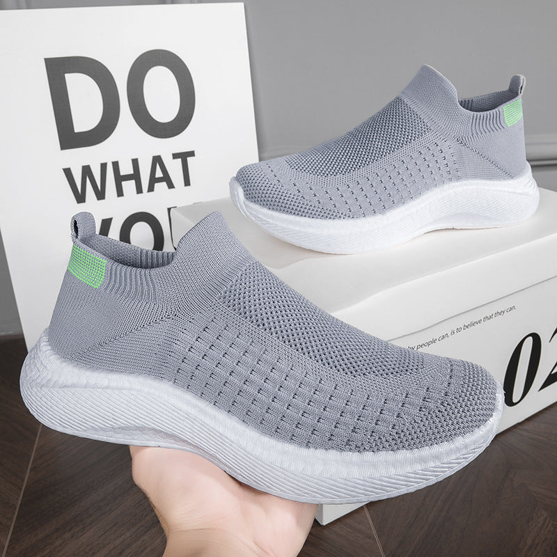 Dames sneakers met antislipzool en gebreid bovenwerk – Roze en Zwart – Grijs