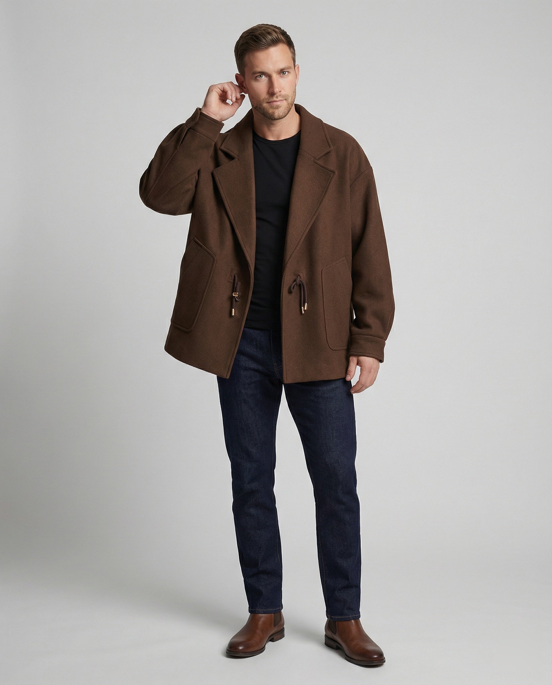 Heren wollen jas met bruine uitvoering en retrolook – Beige